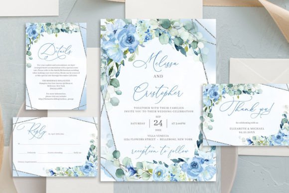 Download Dusty Blue Floral Wedding Invitation Set - Set Collection