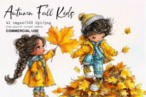 Download Whimsical Autumn Fall Kids Clipart Set - Set Collection