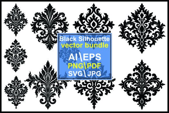 Download Set of Black Ornate Damask Pattern - Set Collection