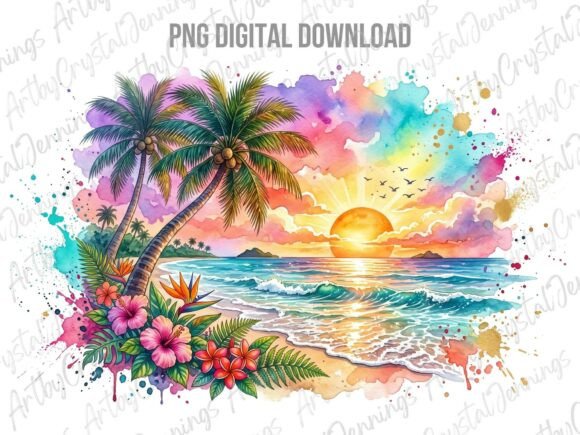 Download Tropical Sunset Beach Watercolor PNG - Set Collection