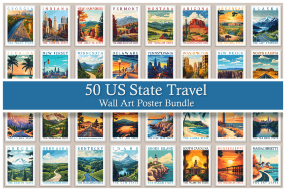 Download 50 US State Travel Wall Art Poster Set - Set Collection