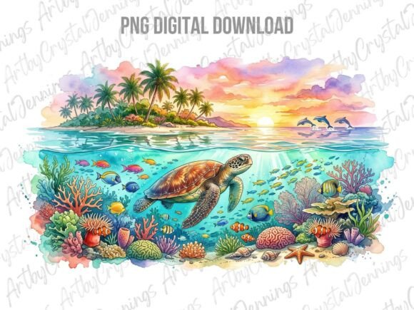 Download Tropical Sea Turtle Sunset Art PNG - Set Collection