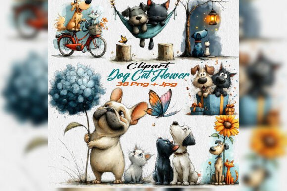 Download Whimsical Dog Cat Flower Clipart PNG Set - Set Collection