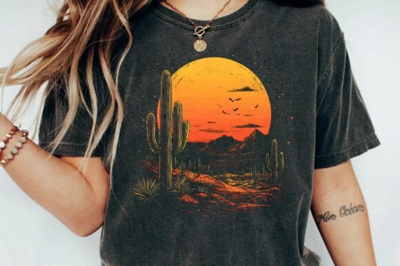 Download Vintage Desert Sunset Cactus Mountain Retro Graphic T-Shirt Design Png - Set Collection