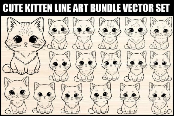 Download Cute Kitten Line Art Bundle Vector Set - Set Collection