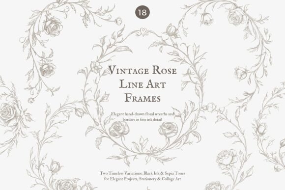Download Intage Rose Line Art Clipart Set - Set Collection