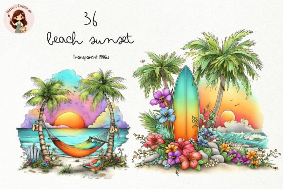 Download Watercolor Beach Sunset PNG Clipart - Set Collection