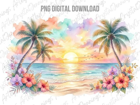 Download Watercolor Tropical Beach Sunset PNG - Set Collection