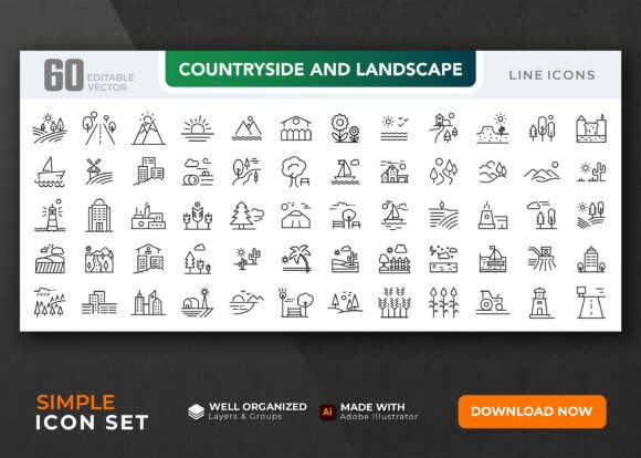 Download Countryside and Landscape Line Icon Set. - Set Collection